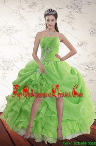 2015 Spring Green High Low Dama Dresses with Ruffles and Beading