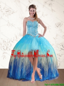 2015 Gorgeous Baby Blue Sweetheart Multi Color Dama Dresses with Ruffles and Beading