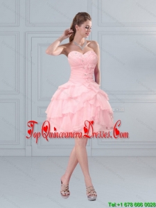 2015 Gorgeous Baby Pink Sweetheart Beaded Dama dress with Ruffled Layers