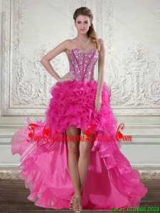 2015 Gorgeous Hot Pink High Low Sweetheart Dama Dresses with Beading and Ruffled Layers
