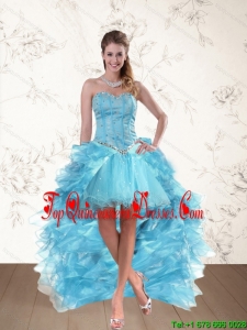 Gorgeous Baby Blue Sweetheart High Low Dama Dresses with Ruffles and Beading