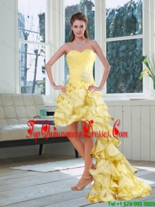 Gorgeous Light Yellow Sweetheart High Low Dama Dress with Beading and Ruffled Layers