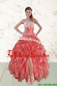2015 Gorgeous High Low Ruffled Strapless Dama Dresses in Watermelon