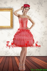 2015 Gorgeous Strapless Coral Red Dama Dress with Ruffled Layers