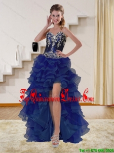 Gorgeous High Low Navy Blue Sweetheart Dama Dresses with Beading and Embroidery