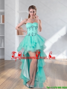 Gorgeous High Low Turquoise Sweetheart Dama Dresses with Embroidery