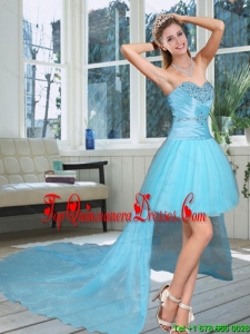 Gorgeous High Low Sweetheart Beaded Dama Dress in Baby Blue