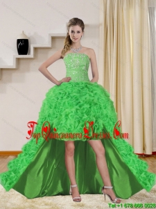 2015 Beautiful Spring Green High Low Quinceanera Dama Dresses with Beading