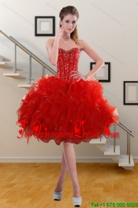 2015 Gorgeous Sweetheart Ruffled Red Dama Dress with Beading