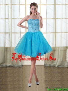 2015 Puffy Baby Blue Sweetheart Short Quinceanera Dama Dresses with Beading
