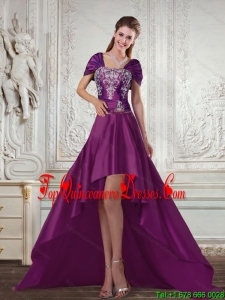 Dark Purple High Low Strapless Embroidery Quinceanera Dama Dresses for 2015 Spring