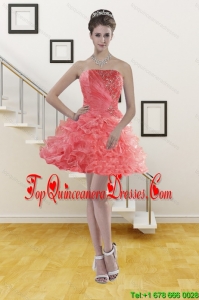 Gorgeous Ruffled Watermelon Red Strapless 2015 Dama Dress with Beading