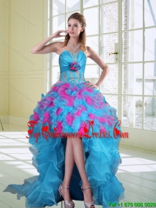 2015 High Low Strapless Quinceanera Dama Dresses with Hand Made Flower and Ruffles