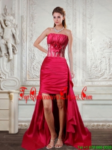 High Low Strapless Coral Red Quinceanera Dama Dresses with Hand Made Flower and Ruffles