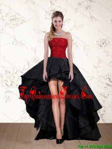 Cheap High Low Strapless Quinceanera Dama Dresses with Beading in Red and Black