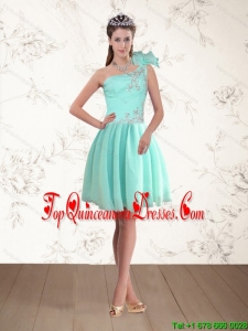 Discount Apple Green One Shoulder Quinceanera Dama Dresses with Beading