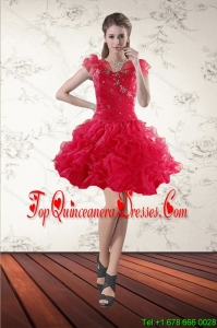 Sweetheart Red 2015 Quinceanera Dama Dresses with Ruffled Layers and Beading