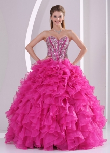 Hot Pink Ruffle And Beading Quinceanera Dress in Sweet 16