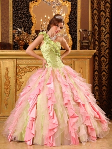 Olive Green And Pink One Shoulder Cascading Ruffles Quinceanera