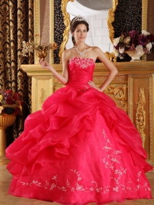 Coral Red Sweet 16 Embroidery Organza Quinceanera Dress