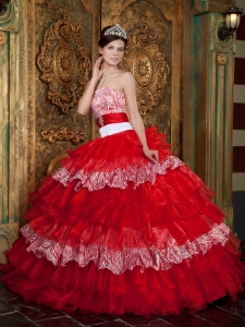 Ruffled Quinceanera Gowns White and Red Zebra Print Sash