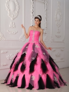 Handkerchief Hem Layers Quinceanera Dress Pink and Black