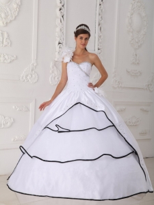 One Shoulder Quinceanera Dress in White with Black Hem