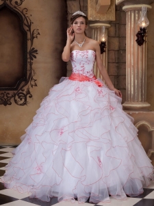 New Quinceanera Dress White and Coral Cascading Ruffles