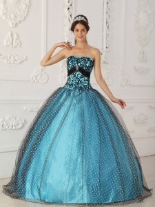 Discount Quinceanera Dress Black and Blue Embroidery Dots