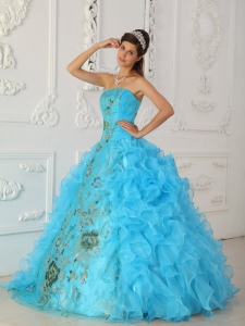 Delicate Embroidery Quinceanera Dress Aqua Blue Ruffles