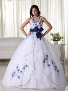 Halter Sweet 16 Dresses White with Navy Embroidery Sash