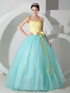 Blue and Yellow Strapless Quinceanea Dress With Sash