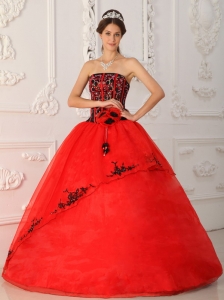 Red And Black Quinceanera Dress Strapless Satin and Organza