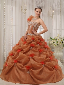 One Shoulder Rust Red Quinceanera Dress Appliques Pick-ups