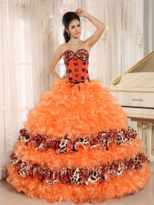 Leopard Orange Ruffles Appliques Sweetheart Quinceanera Dress