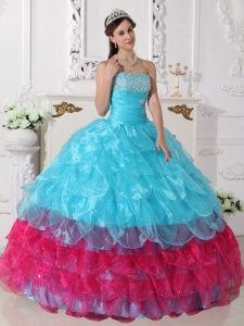 Aqua Blue and Hot Pink Quinceanera Dress Strapless Organza