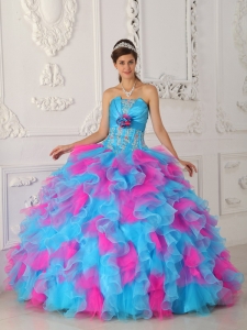 Sweet Embroidery Quinceanera Dress Blue and Pink Ruffles