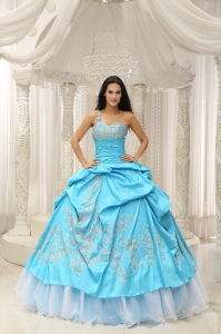 Aqua Blue One Shoulder Quinceanera Dress With Embroidery