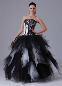 Romantic Ruffles Black and White Sweet 16 With Embroidery