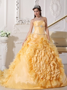 Gold Quinceanera Dress Strapless Chapel Train Beading Ball Gown