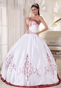 White And Wine Red Quinceanera Dress Strapless Satin Embroidery