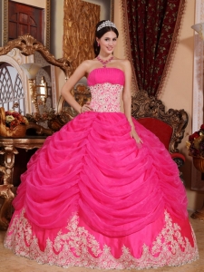 Hot Pink Quinceanera Dress Strapless Organza Beading Ball Gown