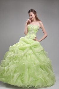 Yellow Green Quinceanera Dress Strapless Beaded Ruffles Ball Gown