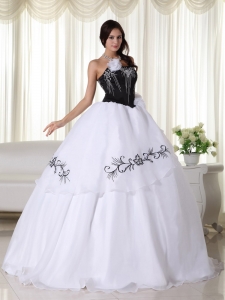 White and Black Strapless Embroidery Quinceanera Dress