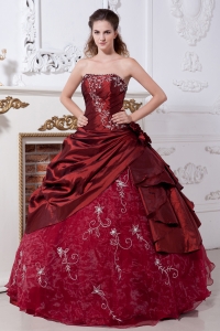 Strapless Wine Red Sweet 16 Dress Embroidery A-line