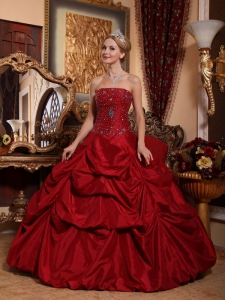 Wine Red Quinceanera Beading Dress Strapless Taffeta