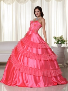 Coral Strapless Taffeta Embroidery Quinceanera Dress