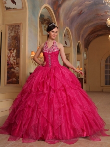 Halter Hot Pink Beading Ruffles Embroidery Sweet 16 Dress