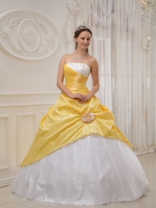 Yellow Strapless Hand Mde Beading Quinceanera Dress