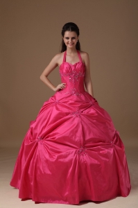 Hot Pink Halter Quinceanera Dress Taffeta Beading Floor-length